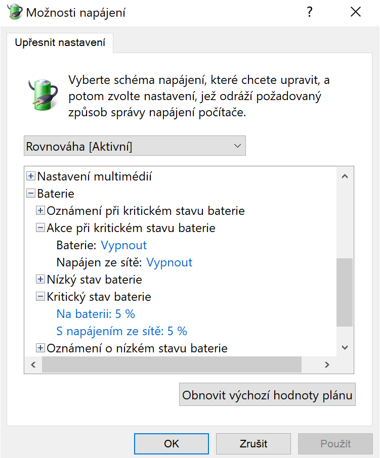 Windows 10 – upřesnit nastavení napájení baterie